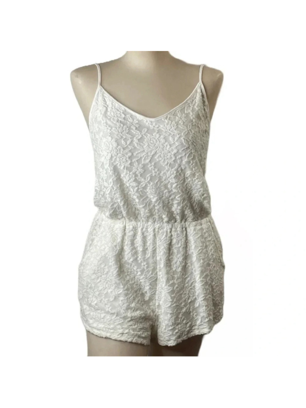 FOREVER 21 Lace Romper White Size Small With Side Pockets Stretch Waistband